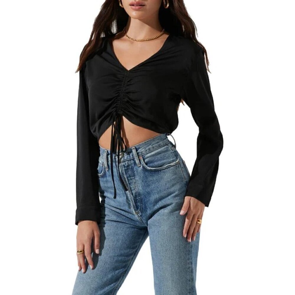 NWOT ASTR The Label Satin Ruched Long Sleeve Cropped V-Neck Blouse Black Size X